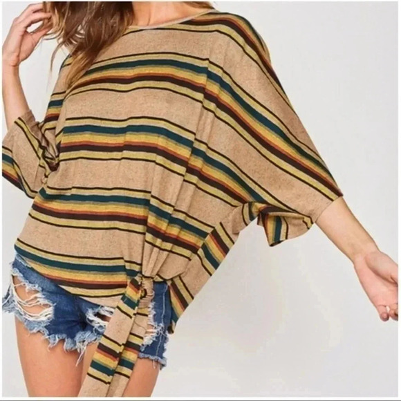 Striped Tie At Waist Dolman Top - Picture 2 of 6